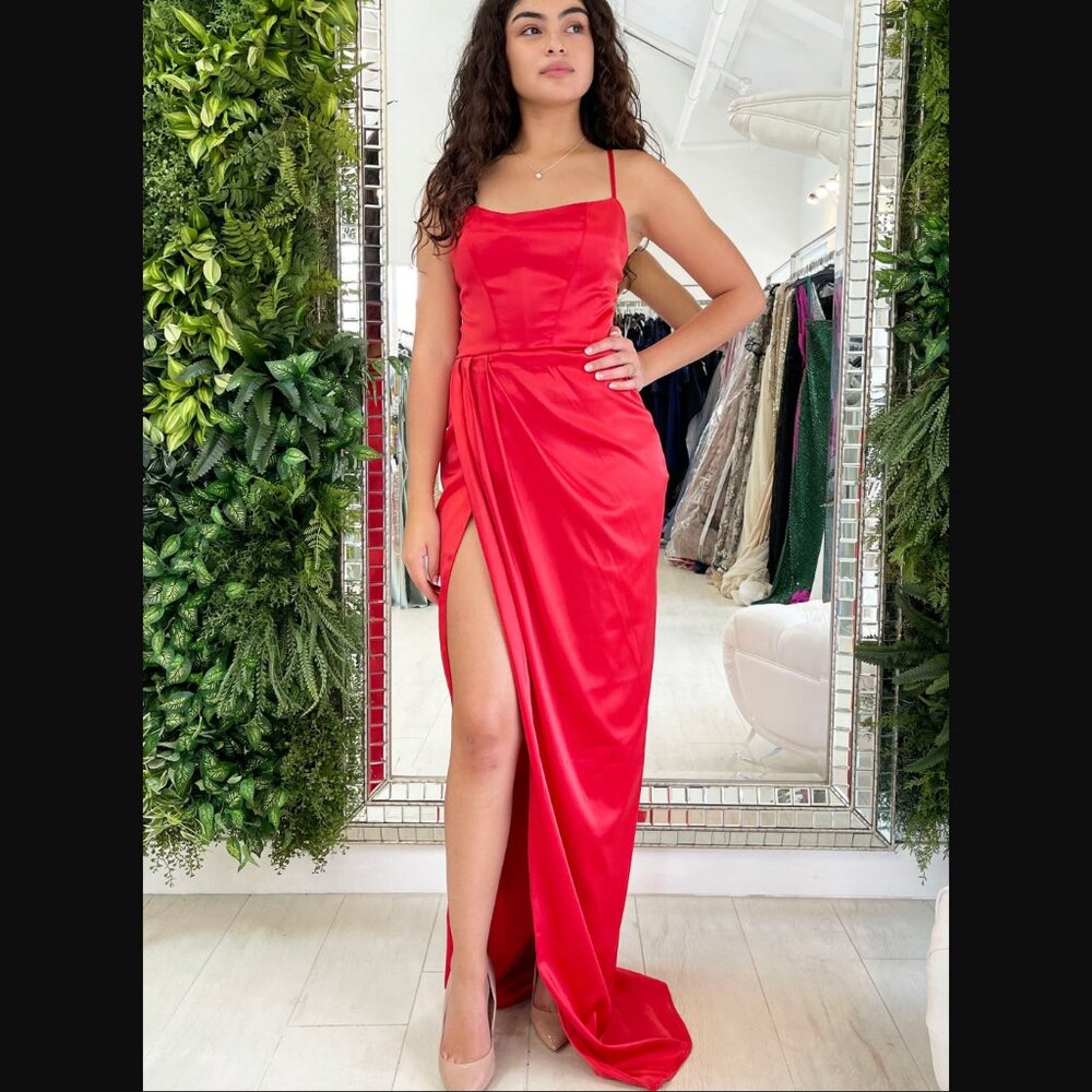 NWT Rene the Label Dylan Criss Cross Satin Back Gown Dress in Black Small